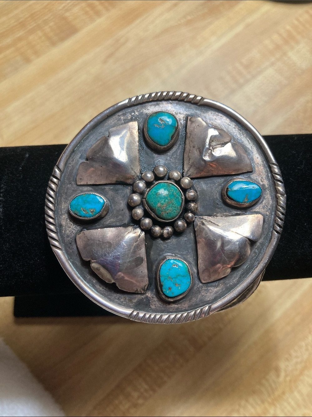 Vintage Turquoise Sterling Silver Floral Statement Bracelet - Women Jewelry